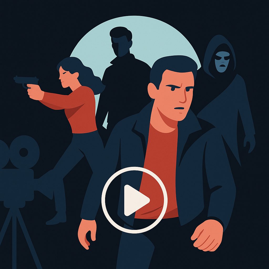 llustration einer Filmszene mit mehreren Figuren – ein Mann läuft entschlossen nach vorne, im Hintergrund eine Frau mit Pistole, ein Mann im Schatten und eine Figur mit Kapuze.