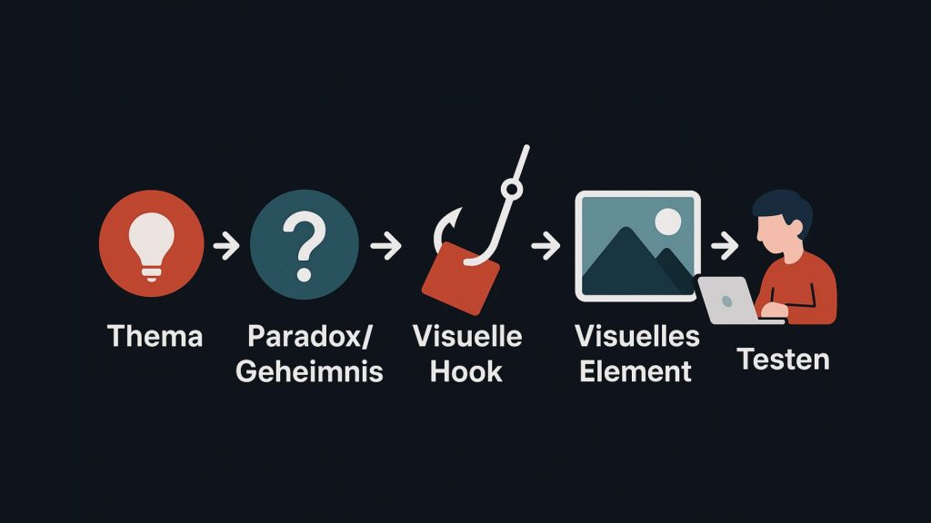 Infografik zum Content-Aufbau: Von Thema über Paradox/Geheimnis, visuellen Hook und visuellem Element bis hin zum Testen.
