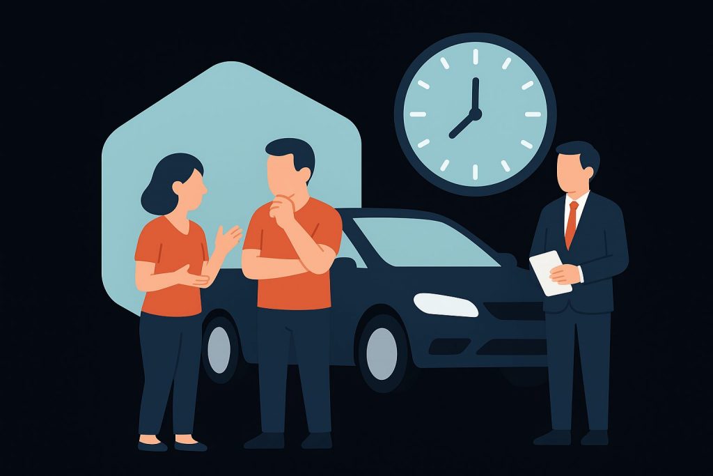 Paar bei der Autokaufberatung mit Verkaufsberater – Uhr im Hintergrund symbolisiert Entscheidungszeit