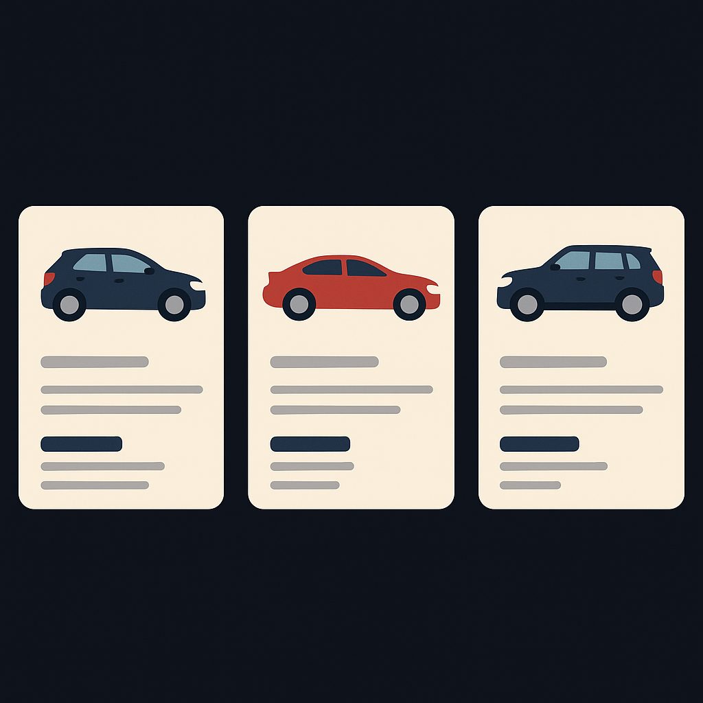 Fahrzeugübersicht mit Vergleichskarten von drei Autos – Darstellung eines Autohaus-Angebots