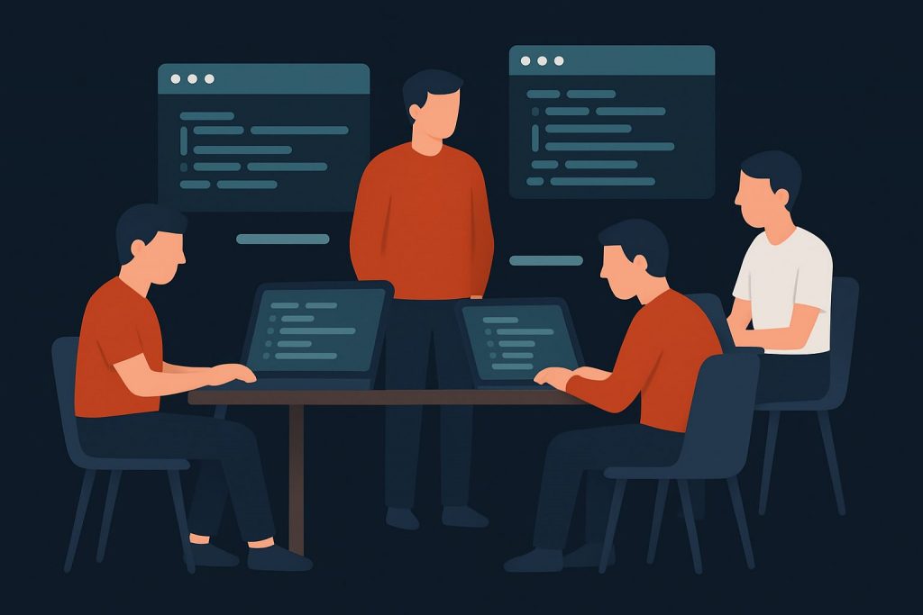 Team von Entwicklern arbeitet gemeinsam an Laptops – Softwareentwicklung und Coding im Teamwork