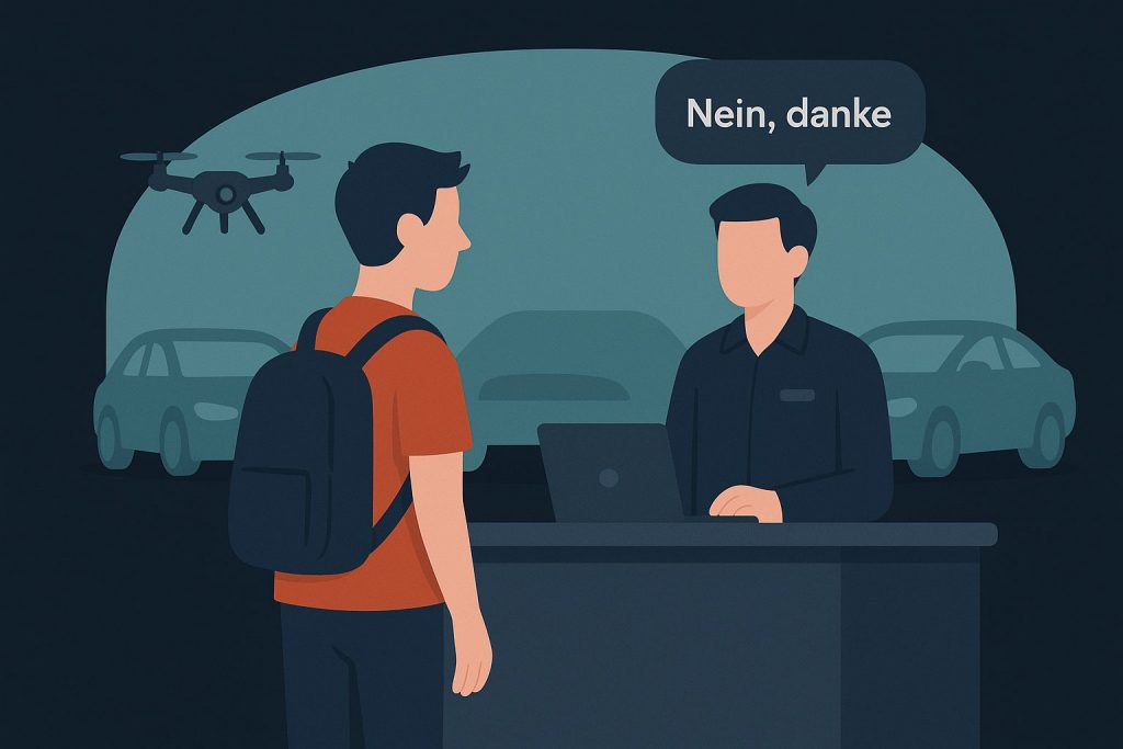 Kunde fragt im Autohaus nach Drohnenaufnahmen, Verkäufer lehnt mit „Nein, danke“ ab