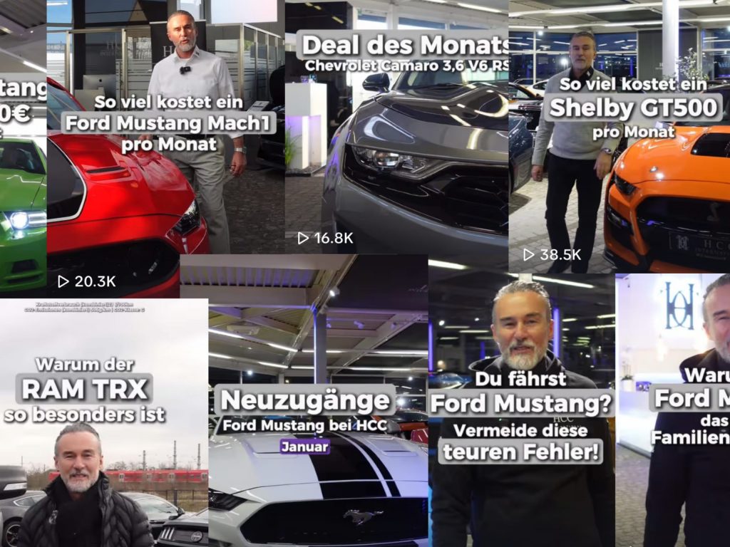 Collage von Autohaus-Videos mit Ford Mustang, Chevrolet Camaro, Shelby GT500 und RAM TRX – Social Media Clips mit Preisinfos, Deals und Tipps für Autokäufer